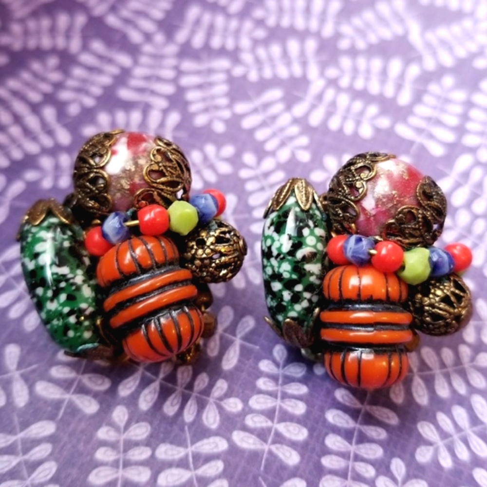 Vintage earrings mixed bead earrings colorful clip on back clipon